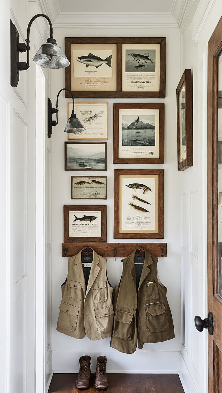Gallery wall in 12ft hallway with vintage fishing photos, mounted licenses, and hand-tied flies in distressed wood frames, lit by iron sconces above a vintage coat rack displaying fishing vests.