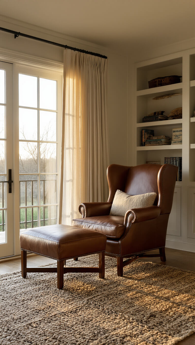 Cozy master bedroom sitting area at sunrise with leather wingback chair, ottoman, geometric wool rug, built-in bookshelf, and soft natural light through linen curtains.