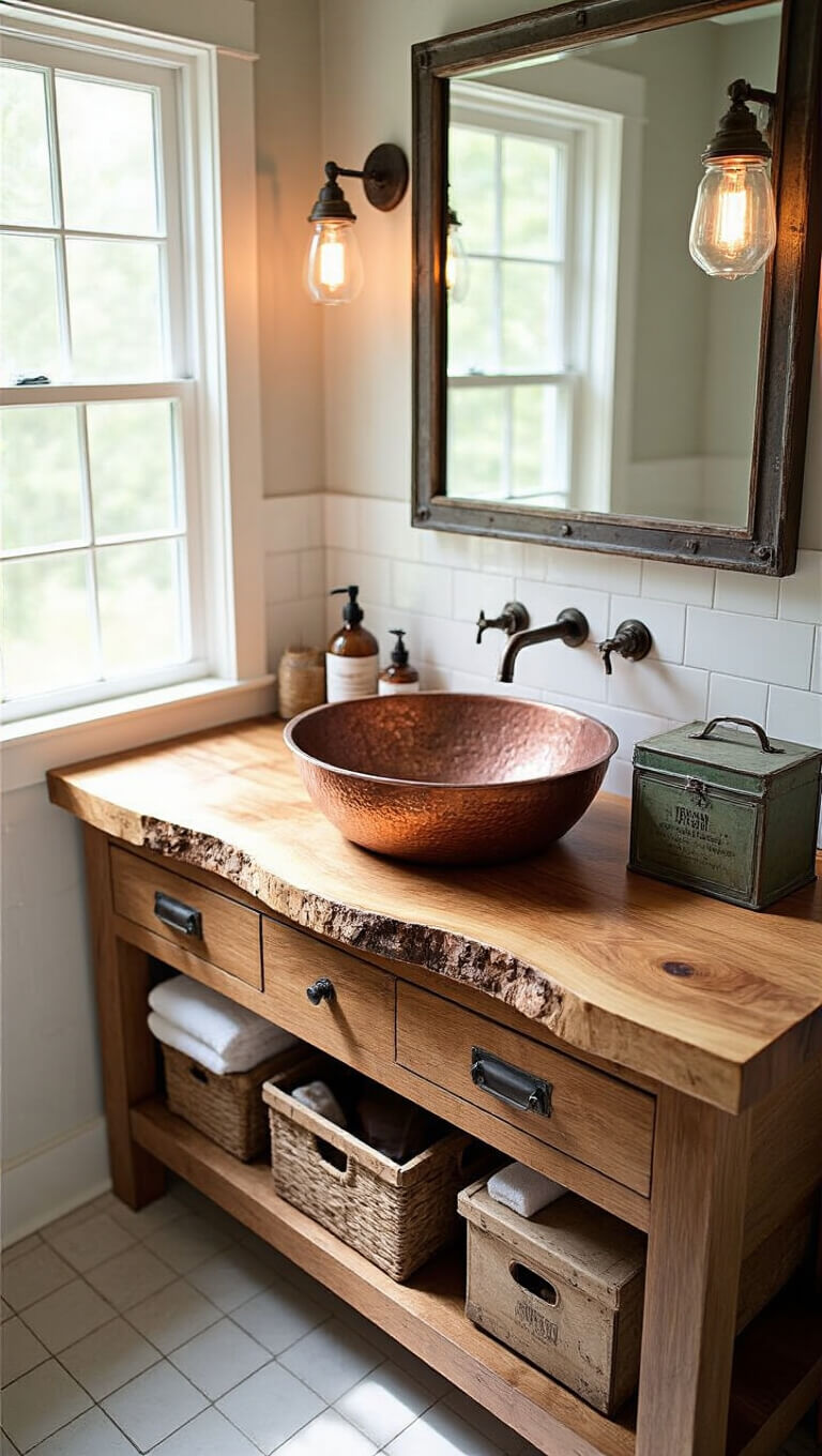 Overhead view of rustic bathroom vanity with live-edge wood counter, hammered copper sink, vintage tackle box for storage, and iron-framed mirror reflecting morning light.