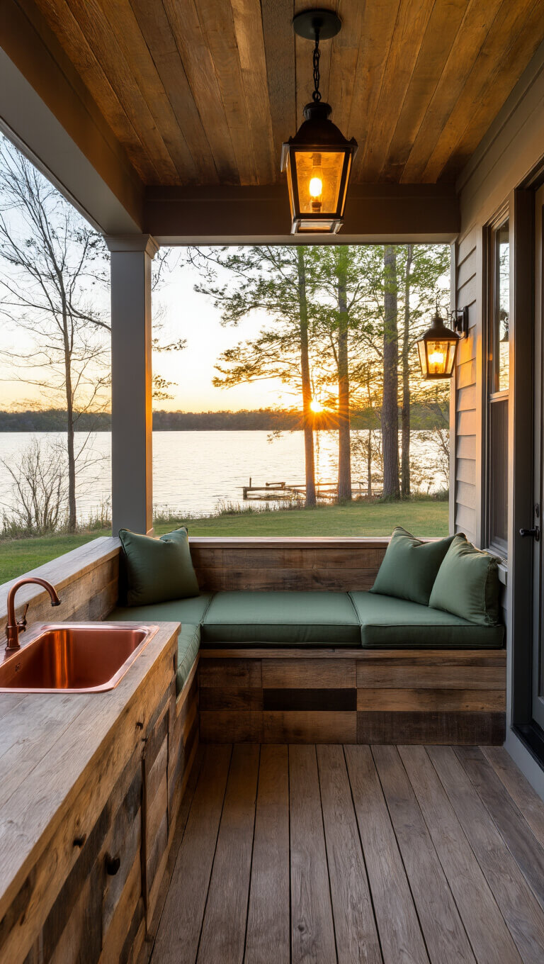 Covered porch with copper sink rod cleaning station, reclaimed wood counter, forest green bench cushions, vintage lanterns, and lake view at sunset.