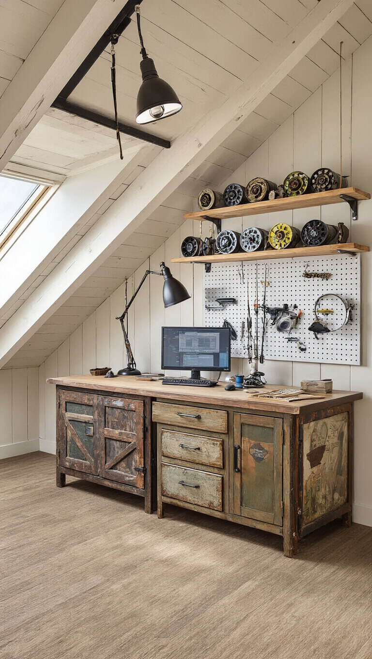 Bird's eye view of a cozy loft workspace in a cabin apex featuring a custom desk made from a vintage door, pegboard wall with rod-building tools, vintage fishing reels on floating shelves, and industrial lighting.