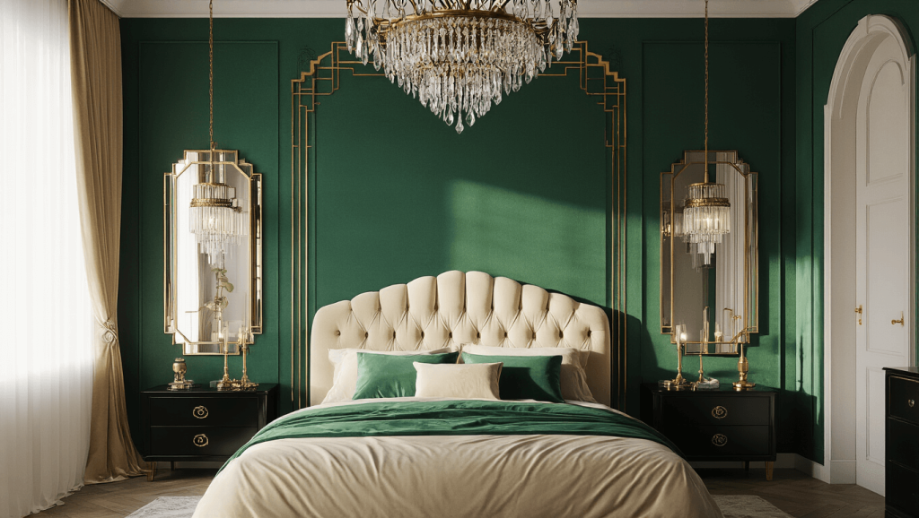 "Art Deco bedroom interior with emerald walls, a cream velvet headboard, a crystal chandelier, mirrors, and morning light."