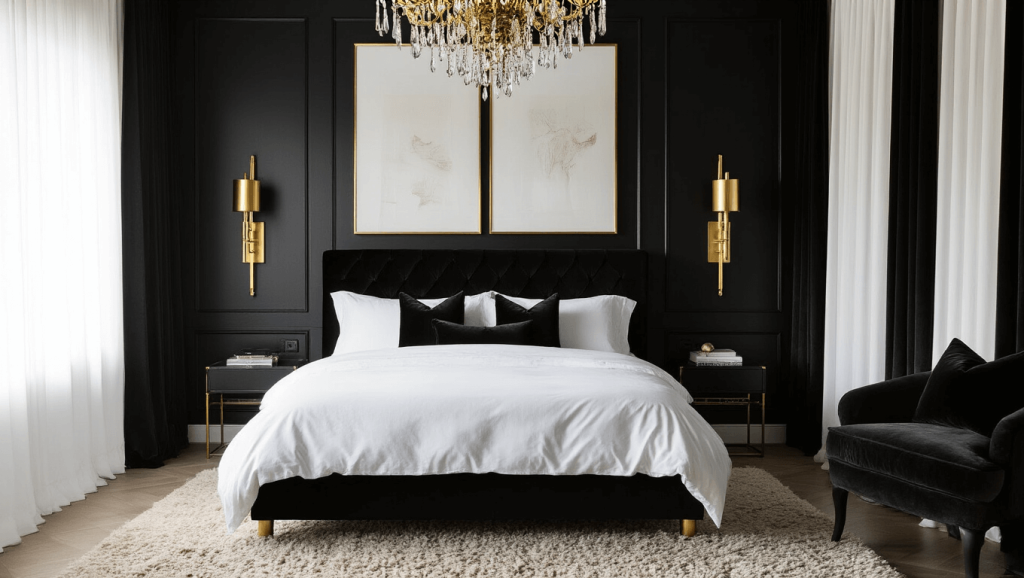 "Luxurious bedroom with black walls, gold accents, and white bedding in morning light"