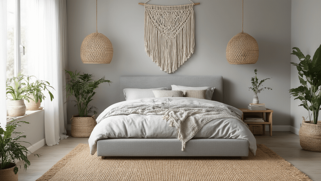 "Serene boho styled bedroom with a grey platform bed, a macramé wall hanging, a rattan pendant light, a jute rug, plenty of plants, and soft streaming morning light."