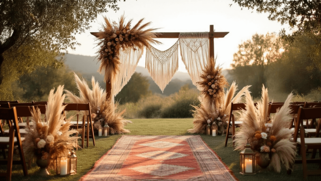 "Boho wedding ceremony setup with wooden arch, macramé, dried pampas grass and roses in earth tones, Persian rugs and ambient lighting during golden hour"