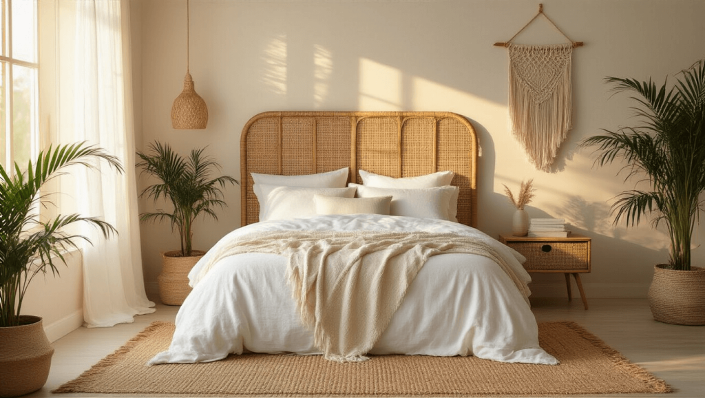"Bohemian styled bedroom with rattan headboard, linen bedding, jute rug, and macramé wall art under soft natural light."