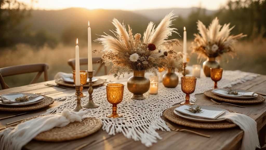 "Bohemian wedding tablescape with wooden table, macramé runner, pampas grass, brass candlesticks and vintage goblets in golden light"