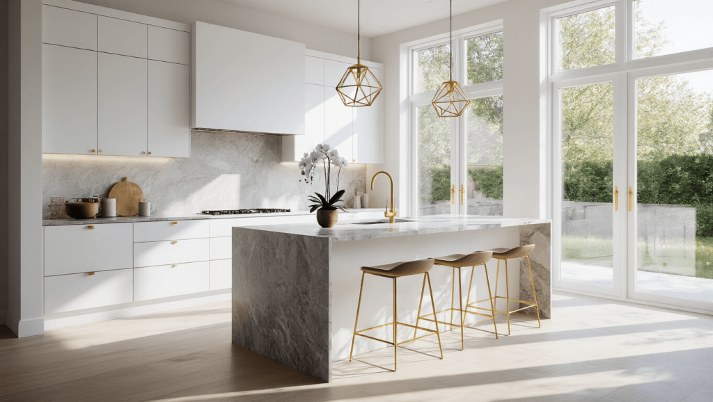 "Contemporary kitchen with white cabinets, marble island and natural light streaming in through large windows"