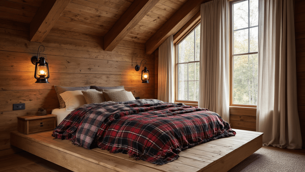 "Cozy cabin bedroom with plaid blankets on wooden bed, exposed timber beams, and warm amber lighting"