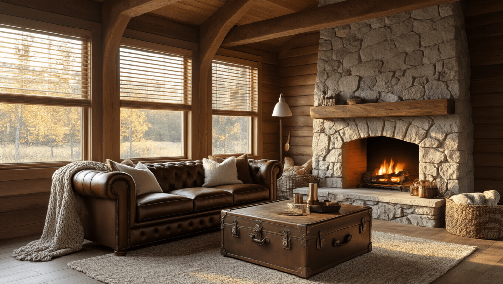 "Cozy cabin living room with stone fireplace, leather sofa, wooden beams, and vintage coffee table bathed in golden hour sunlight"