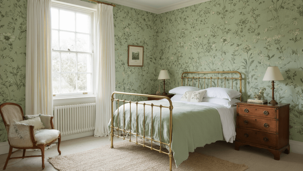 "Cozy vintage bedroom with sage green botanical wallpaper, antique brass bed, antique furniture, white curtains and morning sunlight streaming in"