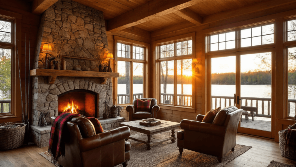 "Cozy fishing cabin interior with stone fireplace, vintage rods, leather armchair, panoramic lake view during golden hour"