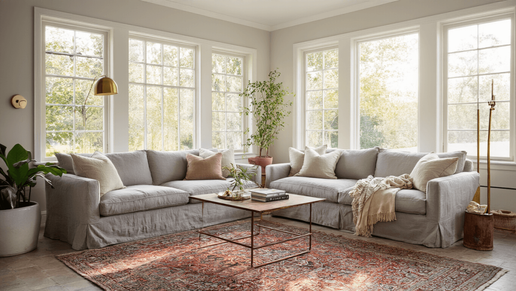 "Cozy home interior with grey linen sofa, layered Persian rugs, brass accents, and golden light streaming through windows during golden hour"