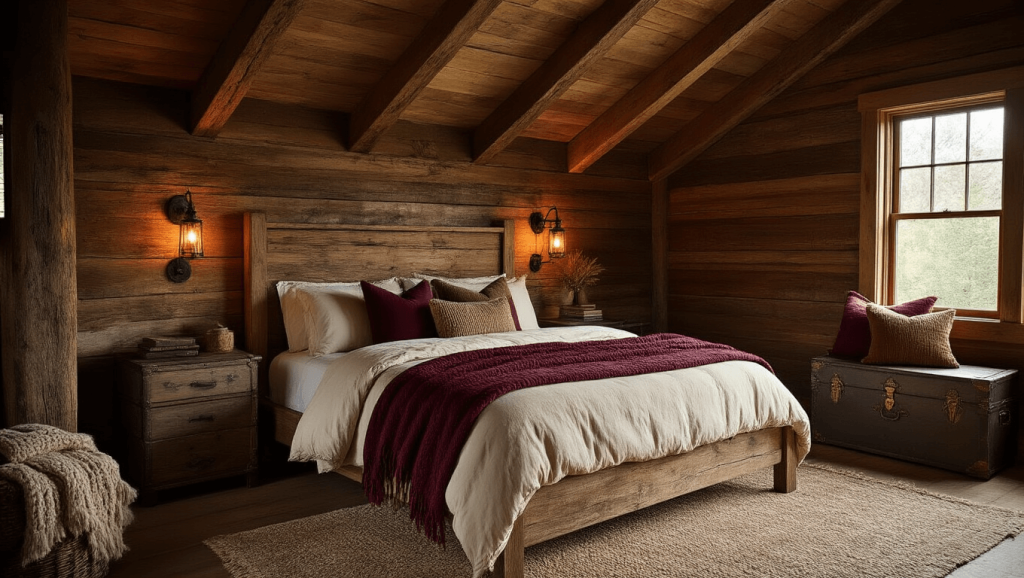 "Rustic cabin bedroom with king bed, warm lighting and natural decor"