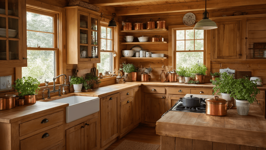 "Sunlit cozy cabin kitchen interior featuring rustic pine cabinets, copper pots, vintage enamelware, butcher block island and herb pots"