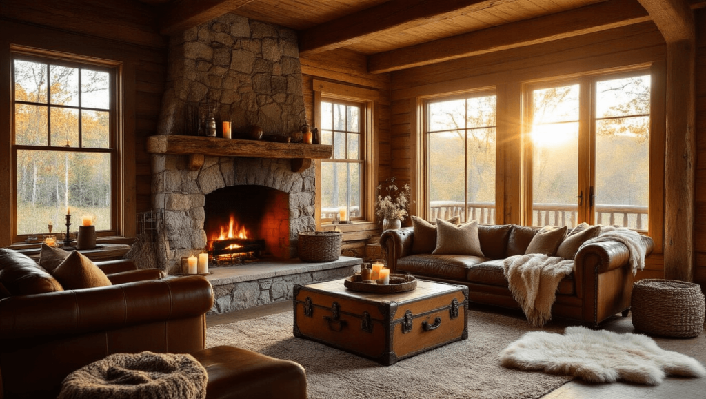 "Sunlit rustic cabin interior with wood beams, stone fireplace, leather furniture and cozy decor during golden hour"