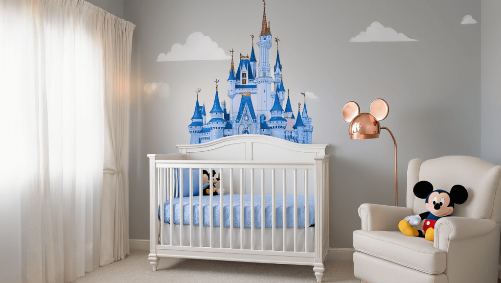 "Disney-themed nursery with Cinderella castle mural, white crib, Mickey Mouse bedding, upholstered glider and rose gold lamp in soft natural daylight"