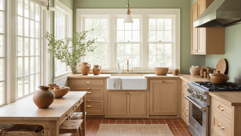 "Earthy kitchen interior with white oak cabinets, sage green walls, terracotta floors, natural sunlight streaming through windows. Decorated with ceramic pottery, woven baskets, and brass hardware, giving a peaceful morning atmosphere."
