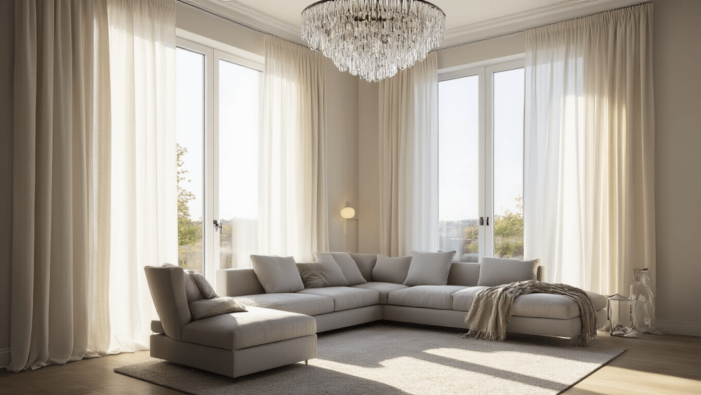 "Bright modern living room with floor-to-ceiling windows, ivory linen curtains, minimalist grey sofa, crystal chandelier, and warm tones, in a photorealistic interior design photography style"