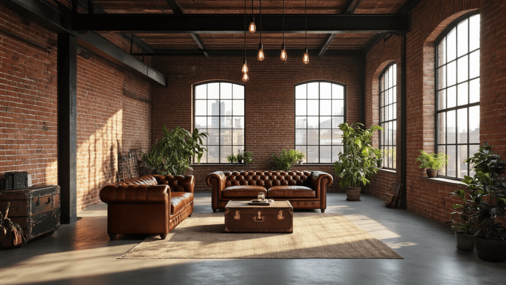 "Spacious industrial loft living room with red brick walls, concrete floor, black beams, vintage trunk coffee table, and Chesterfield leather sofa under Edison bulb pendant lights."