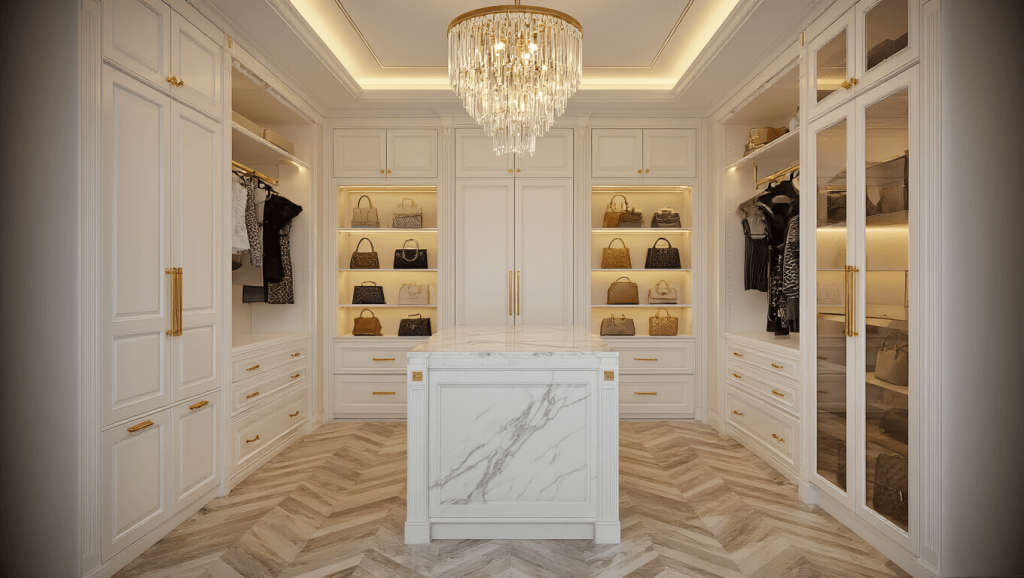 "Luxurious walk-in closet with white cabinetry, gold accents, marble island, crystal chandelier, and organized designer handbags, under soft evening lighting"