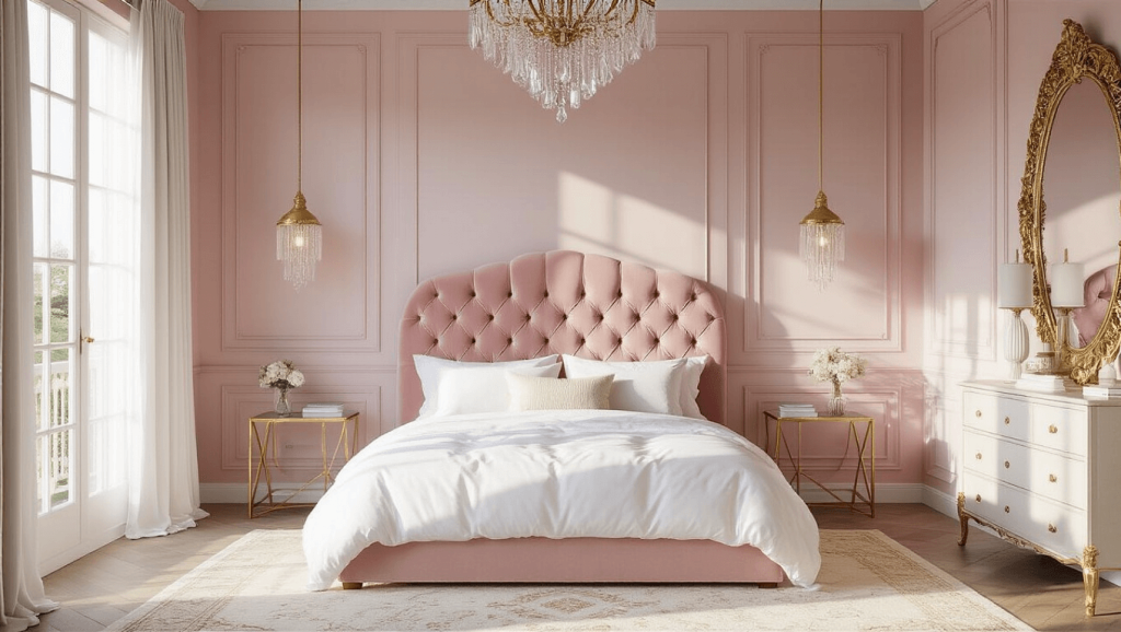 "Luxurious pink bedroom with blush walls, velvet headboard, white linens, gold accents, and crystal chandelier illuminated by morning light"