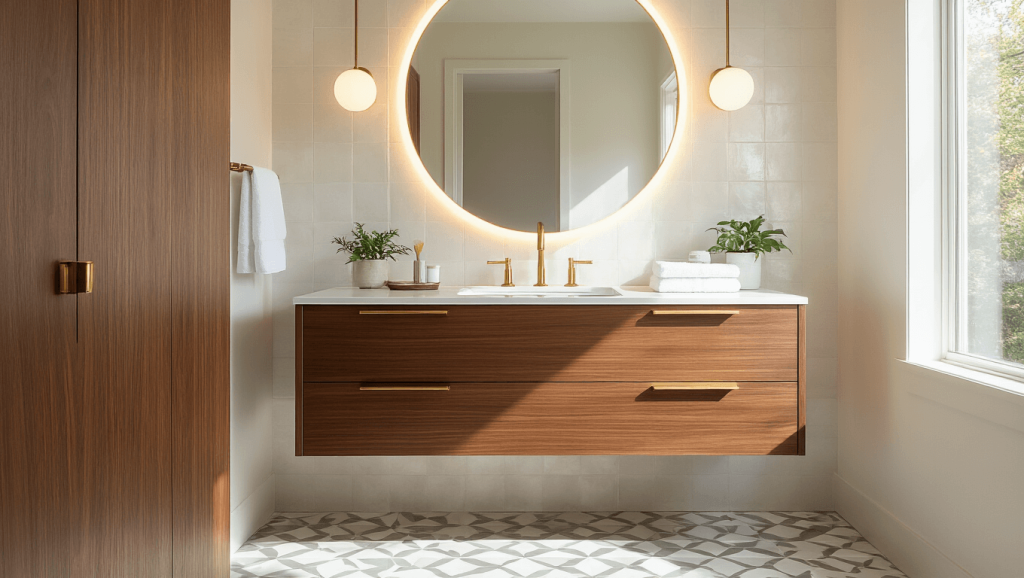 "A mid-century modern bathroom with a walnut vanity, brass fixtures, neutral geometric tiles, and natural light streaming through a window"