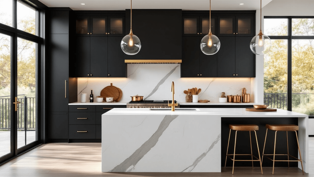 "Modern luxury kitchen with matte black cabinets, white quartz island, brass accents, and morning light through large windows"