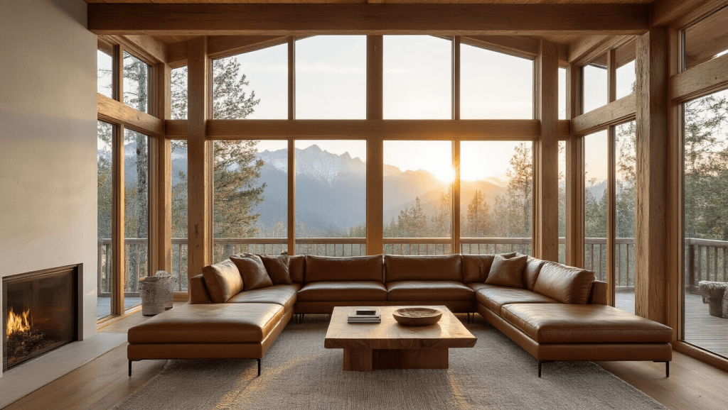 "Modern cabin interior with exposed Douglas fir beams, cognac leather sofa, live-edge walnut coffee table, floor-to-ceiling windows displaying mountain views, and golden hour warm lighting."