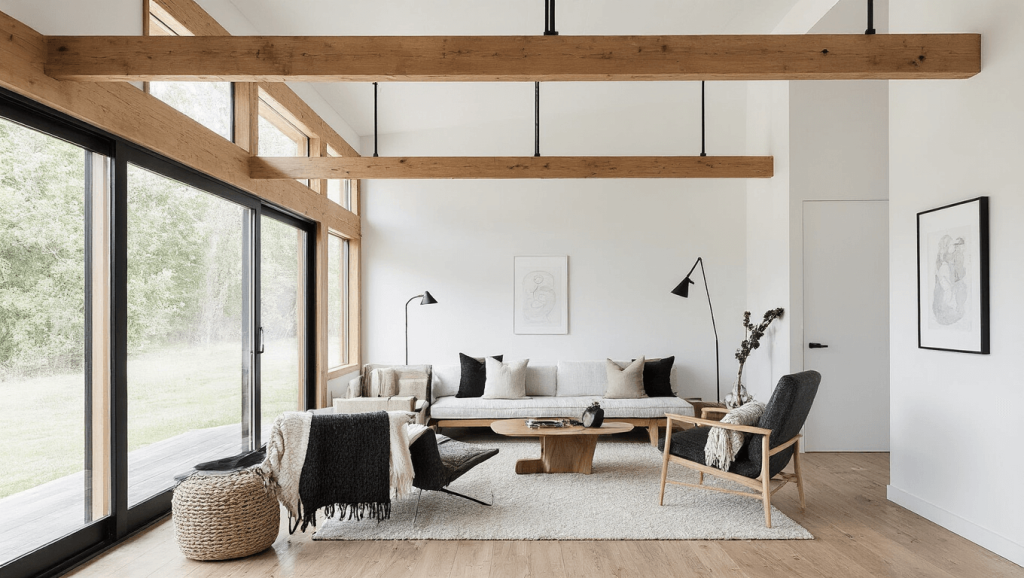 "Modern cabin interior featuring warm natural light streaming through floor-to-ceiling windows, exposed wooden beams, minimalist furniture, white walls with black accents, and textured throws with clean lines."