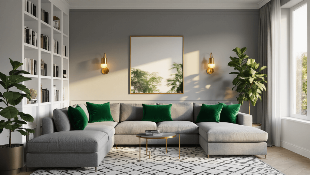 "Modern cozy living room with gray sectional, emerald accents, brass fixtures, and warm golden hour lighting"