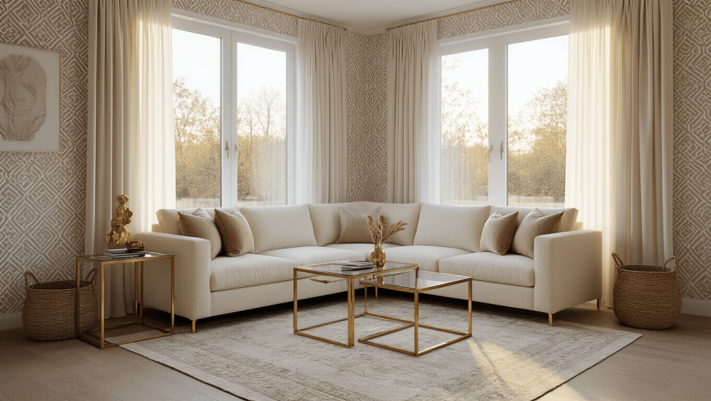 "Cozy small living room with L-shaped cream sofa, brass accents, neutral palette, Persian rug and woven baskets, bathed in warm golden hour light"