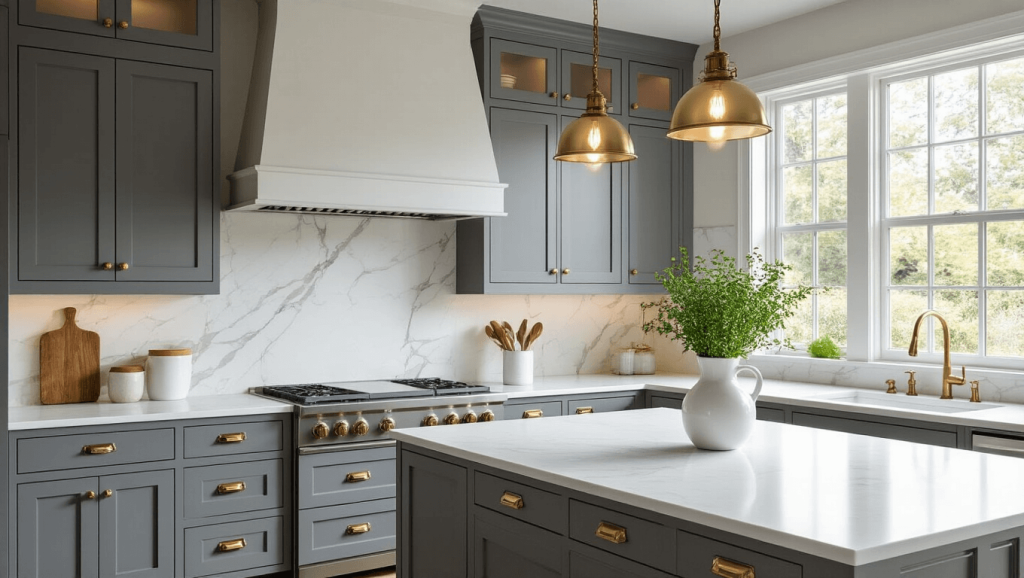"Modern dove gray kitchen interior with white quartz countertops, antique brass hardware, white marble backsplash, and kitchen island accented by natural light."