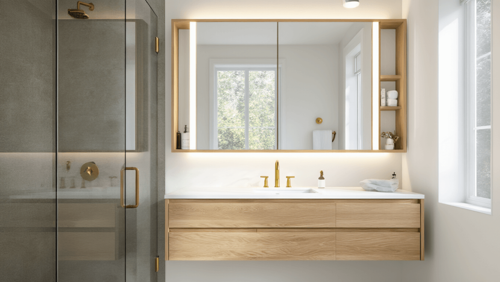 "Stylish small bathroom with oak vanity, backlit mirror, glass shower enclosure, and brass fixtures, lit by natural morning light"
