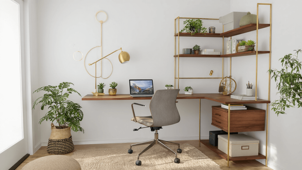 "Modern home office setup with walnut floating desk, white walls, ergonomic chair, brass shelves with succulents and storage boxes, bathed in natural sunlight"