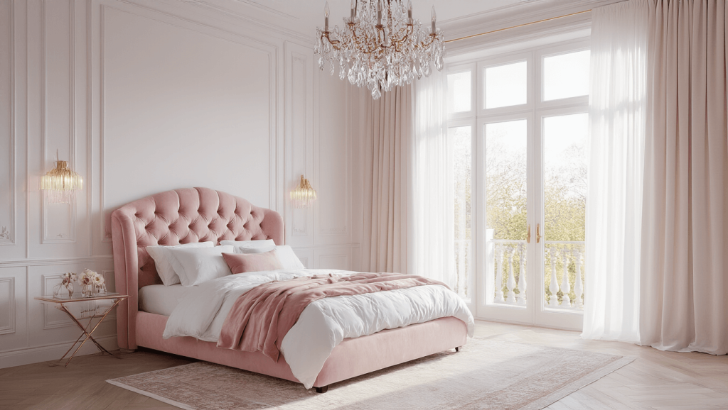 "Luxurious pink and white bedroom with blush velvet bed, crystal chandelier, and sheer curtains"