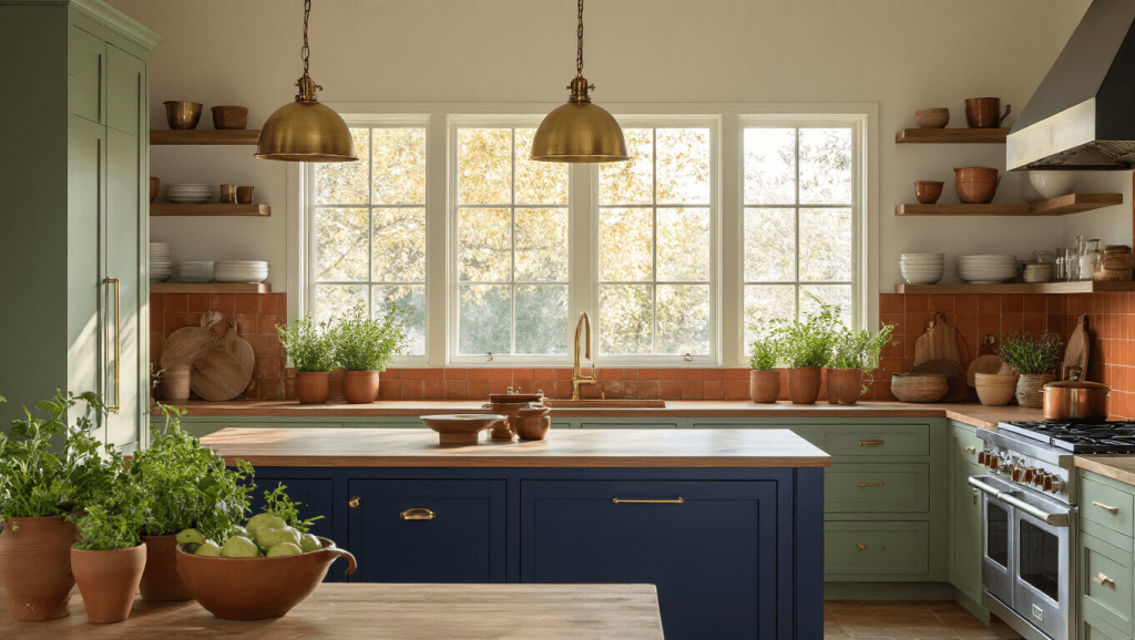 "Modern kitchen with sage cabinets, navy island, terracotta backsplash and vintage brass lighting during golden hour"