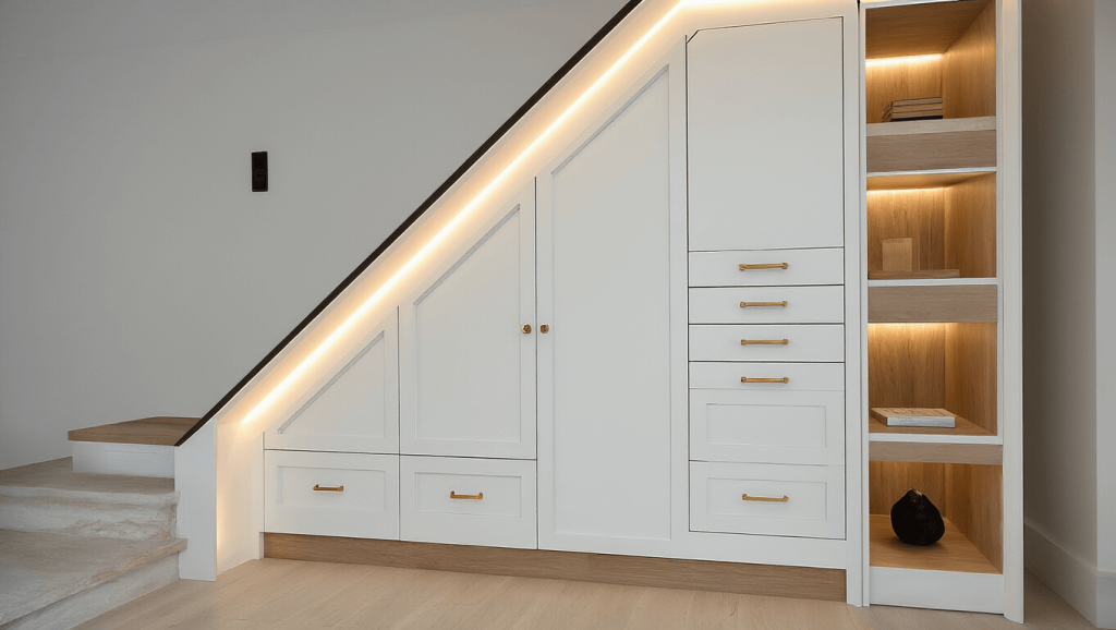 "Modern understair storage with white built-in cabinets, brass hardware, warm oak accents, soft LED lighting on a clean white background"