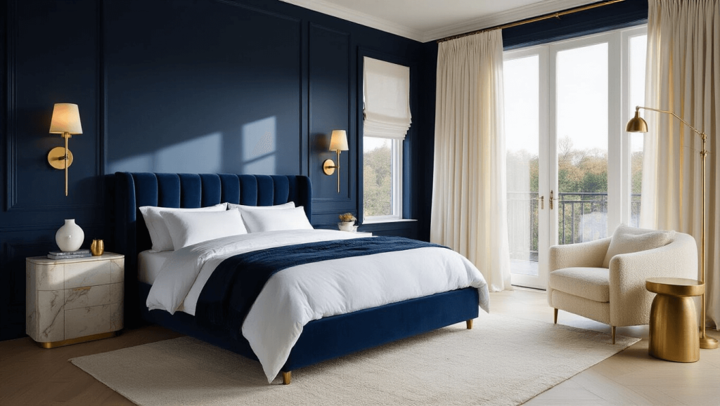 "Luxurious navy blue bedroom with brass accents, plush velvet bed, marble side tables, and a cozy reading corner at twilight."