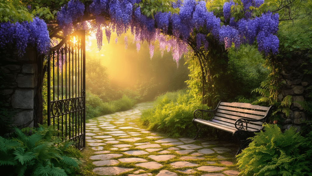 "Romantic garden with a wrought-iron gate entwined with purple wisteria, mossy stone path, Victorian bench among roses and ferns in warm golden sunset light."