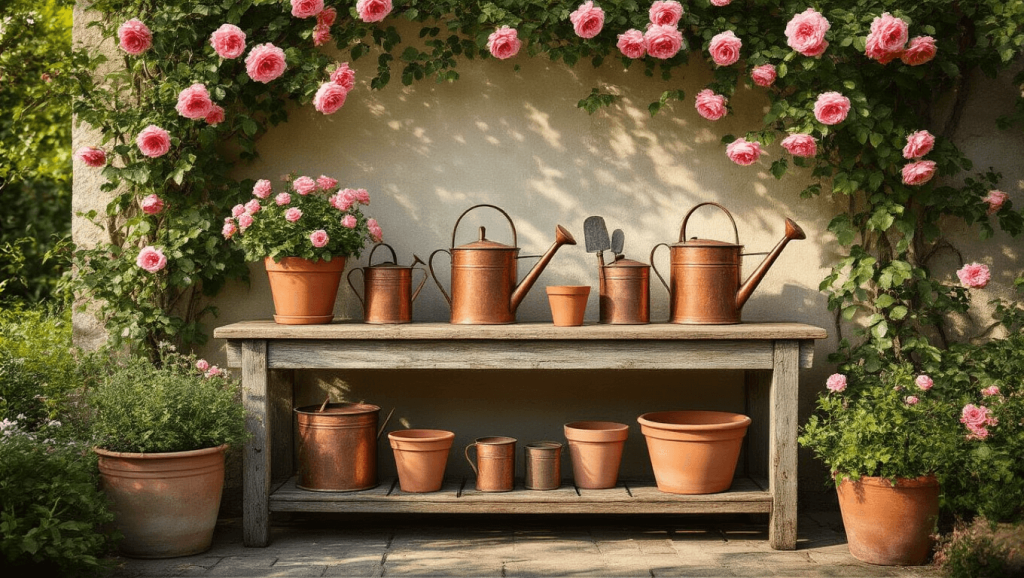 "Vintage garden vignette showcasing a rustic potting bench with antique watering cans, terra cotta pots and climbing pink roses in warm afternoon light"