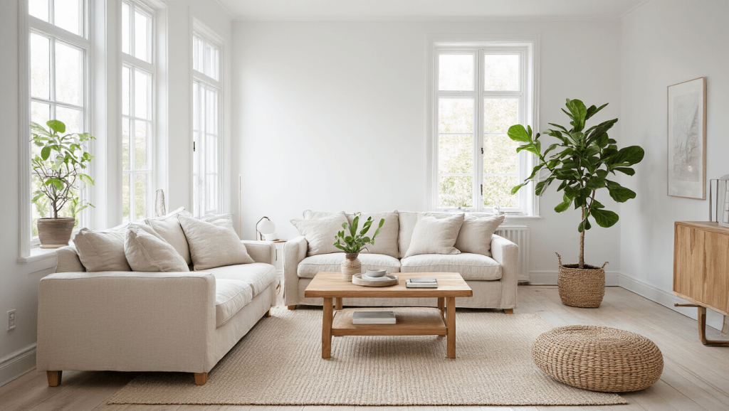 "Bright and airy Scandinavian living room with white walls, oatmeal linen sofa, natural wood coffee table, fiddle leaf fig plant, floor-to-ceiling windows and minimal decor"