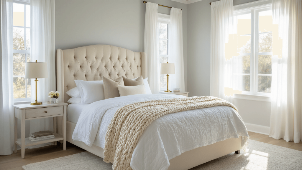 "Bright and serene guest bedroom with a queen bed, white linens, cream tufted headboard, and layered neutral bedding in morning sunlight"