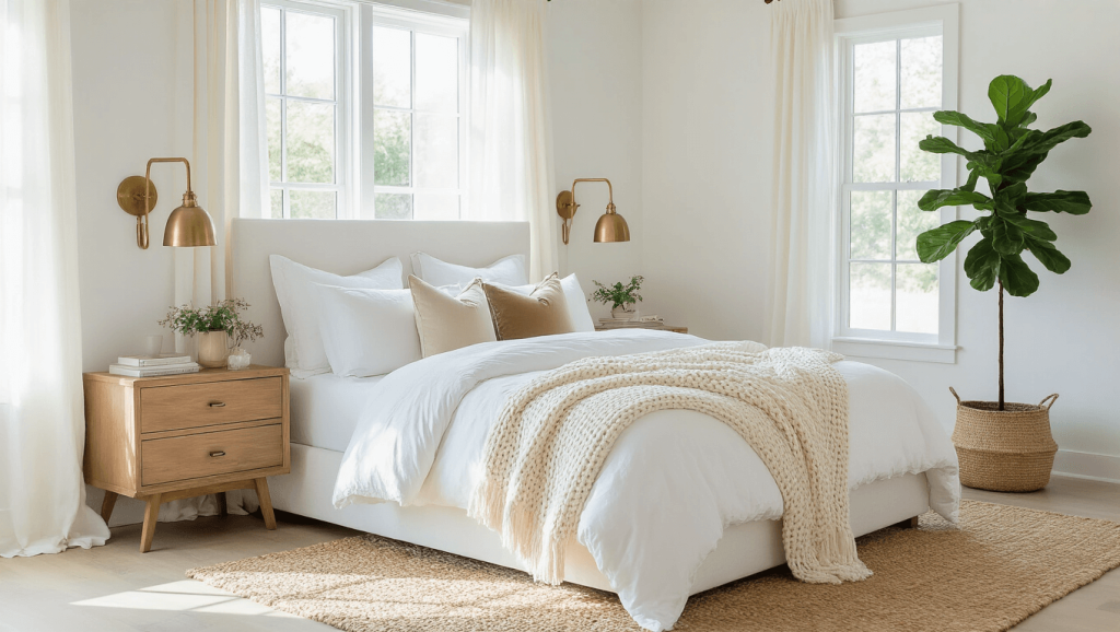 "Sunlit serene white bedroom with textured linens, brass accents, wooden nightstands, and natural light."