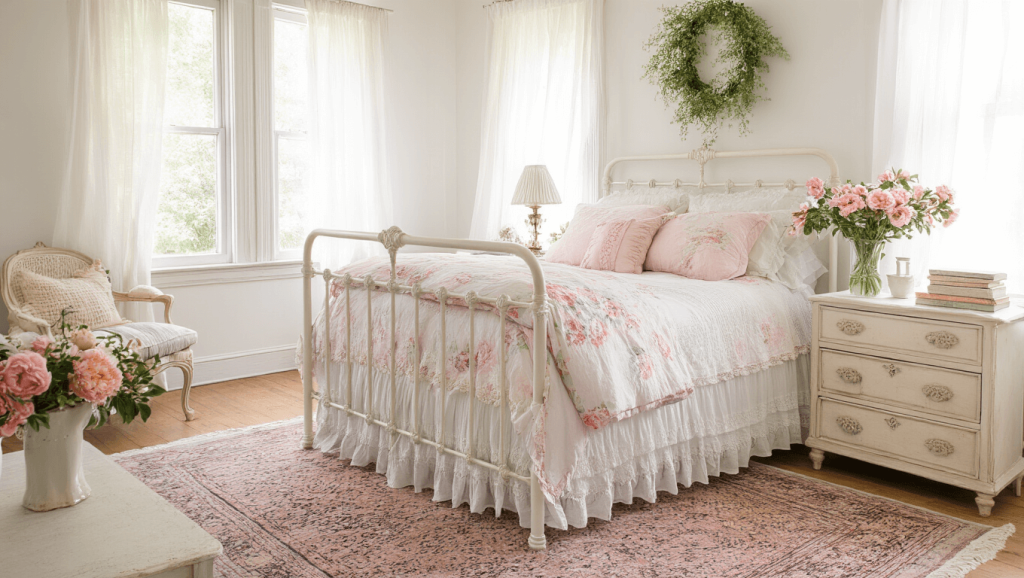 "Sunlit shabby chic bedroom with white iron bed, pastel bedding, sheer curtains, vintage dresser, Persian rug, and soft natural light illuminating a vase of peonies"