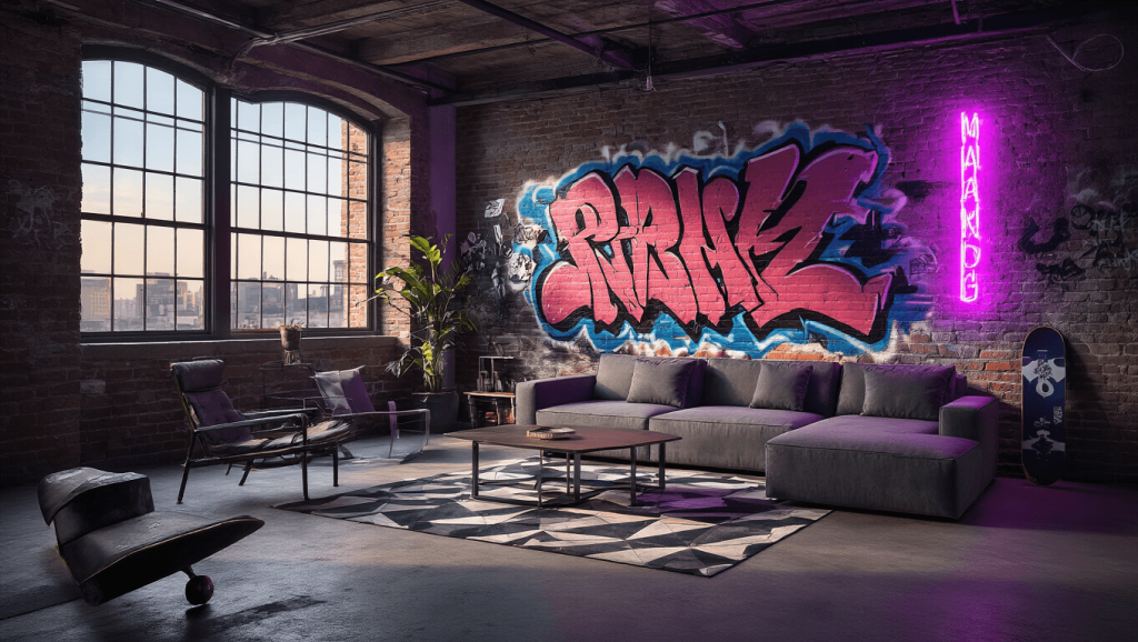 "Urban loft interior with graffiti wall, industrial furniture, neon lights, skateboard art, and exposed brick during golden hour"