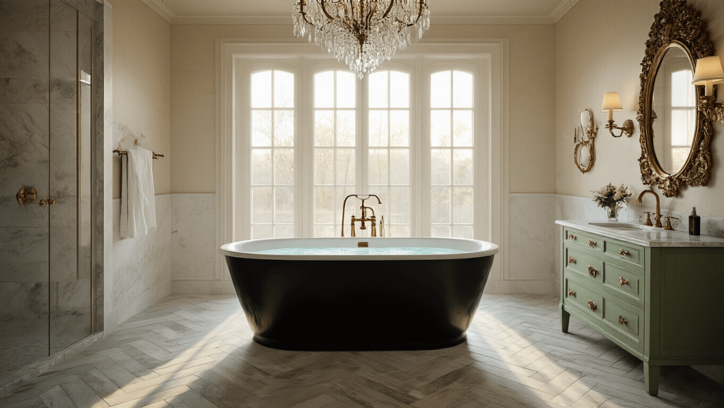 "Luxurious master bathroom with black freestanding tub, marble herringbone floor, brass fixtures, crystal chandelier and sage green vanity under warm evening light"