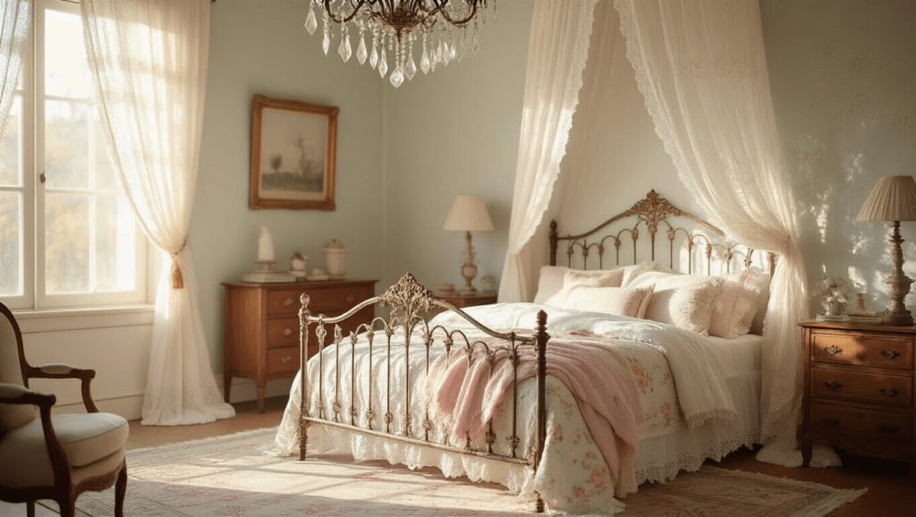 "Sunlit vintage bedroom with an iron bed, lace curtains, crystal chandelier, and floral quilt"