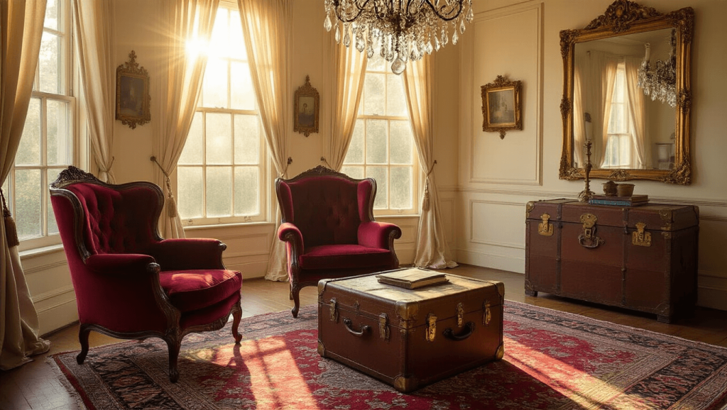 "Vintage living room with Victorian armchair, Persian rug, crystal chandelier and antique trunk, bathed in golden hour sunlight."