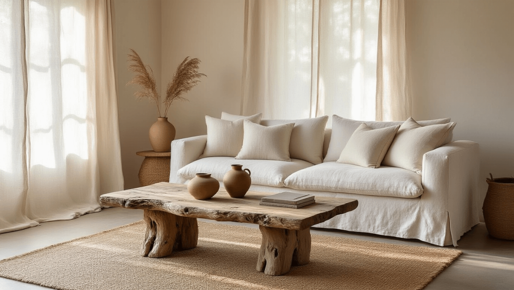 "Sunlit minimalist living room with off-white linen sofa, gnarled oak table, handmade ceramics and natural textures during golden hour"